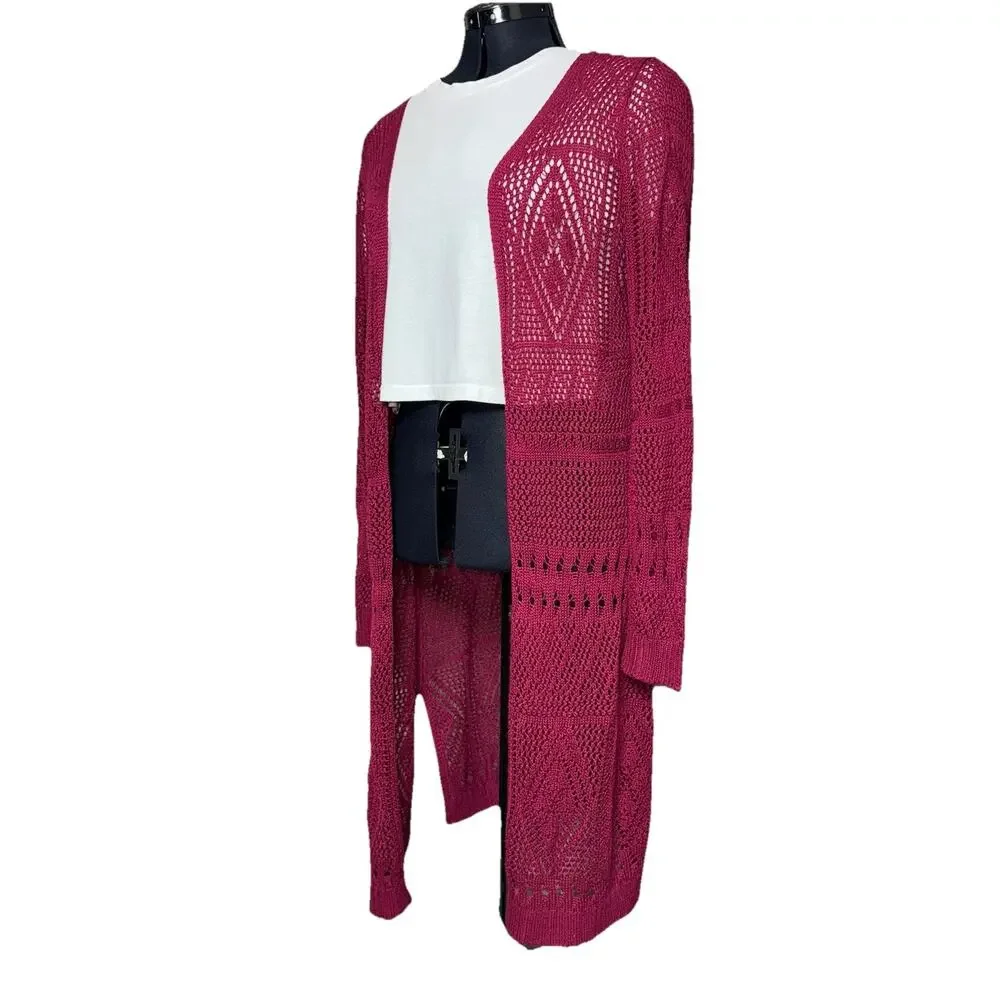 Ransom Womens Medium Sweater Red Burgundy Long Sleeve Knit Crochet Open Cardigan